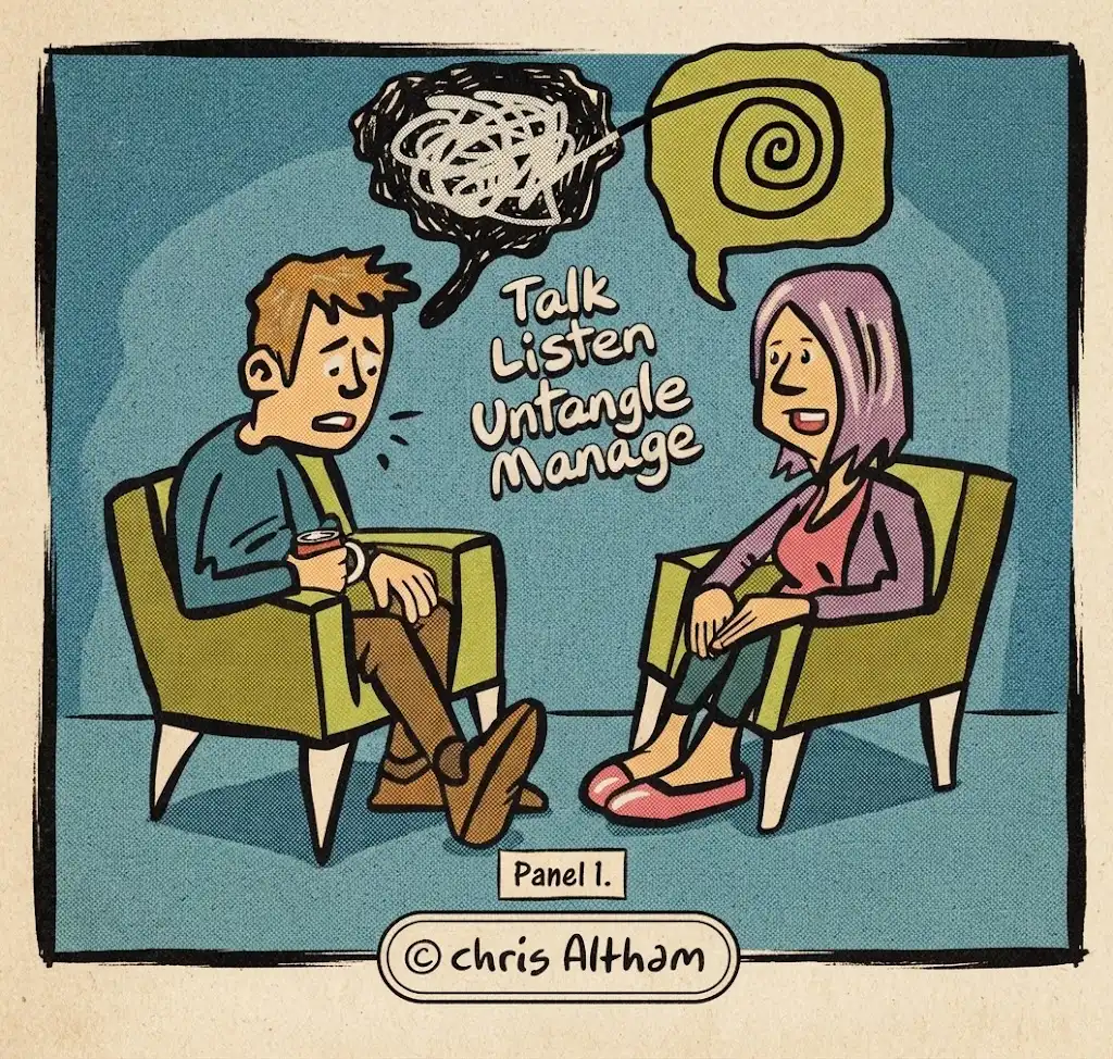 121 Mental Health Support Meeting Cartoon - classic comic style OASIS Cartoon