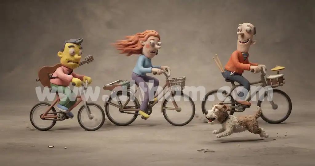 Clay render - 3 characters - Band cyclists with dog cartoon 01 copy