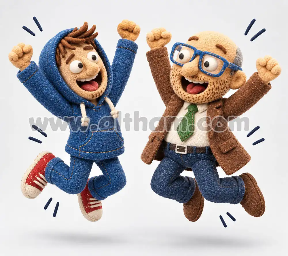 Fluffy render - Father and Son - jumping for joy cartoon