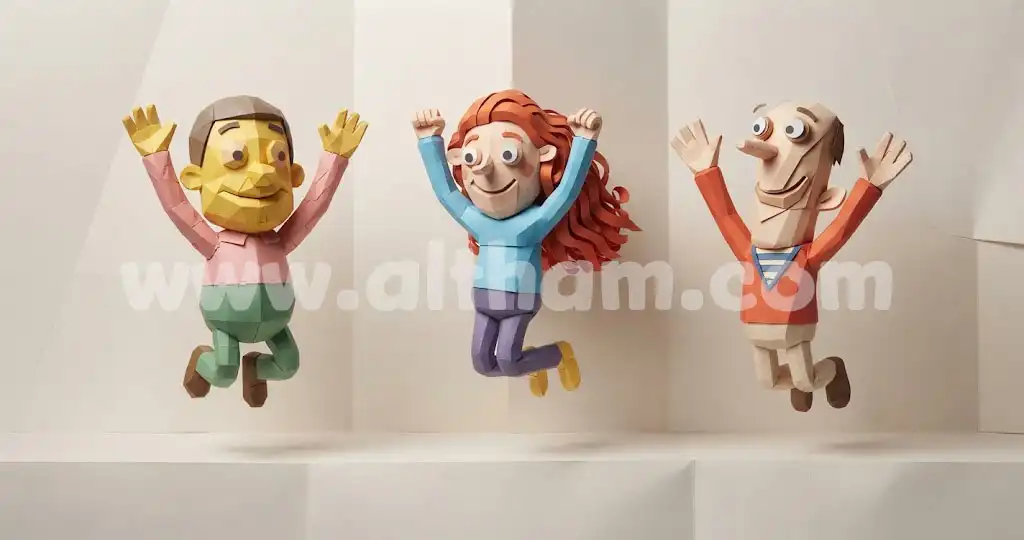Paper render - 3 characters jumping for joy cartoon copy
