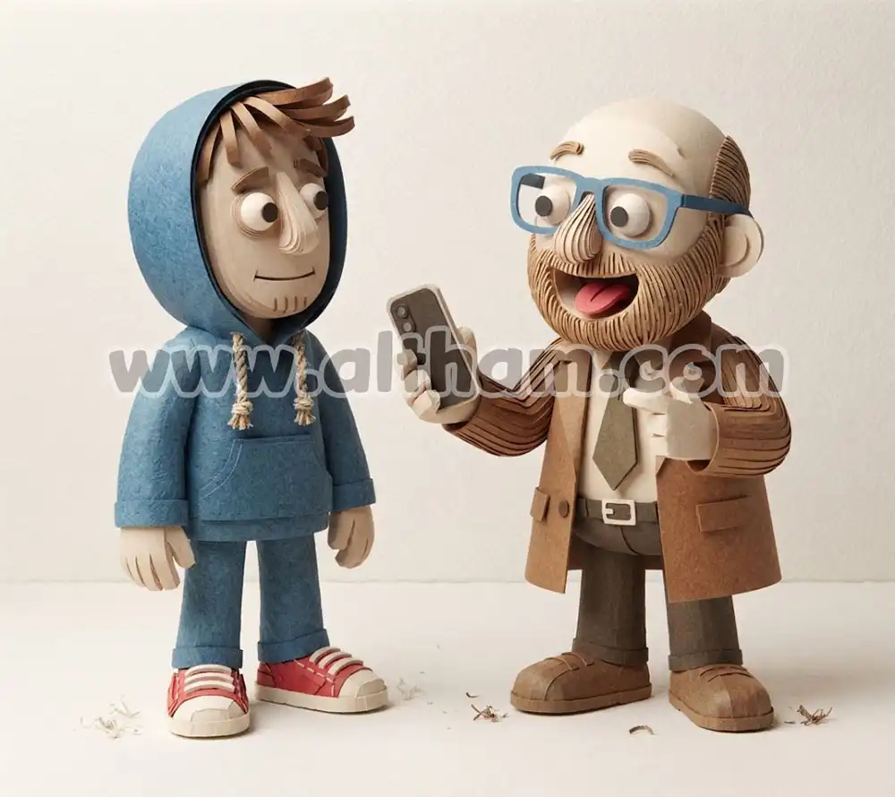 Paper render father and son chatting with phone cartoon copy